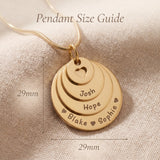 Tower of love necklace size guide showing layered disc pendant dimensions and engraved detail