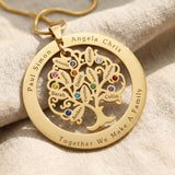 tree of life necklace with 10 leaves and birthstones with engraved name on circle disc, personalized family necklace