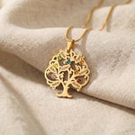 Gold tree of life necklace with 7 leaves and birthstone,  personalized family tree jewelry