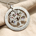 personalized tree of life necklace with engraved name on circle disc and 7 leaf design with birthstones