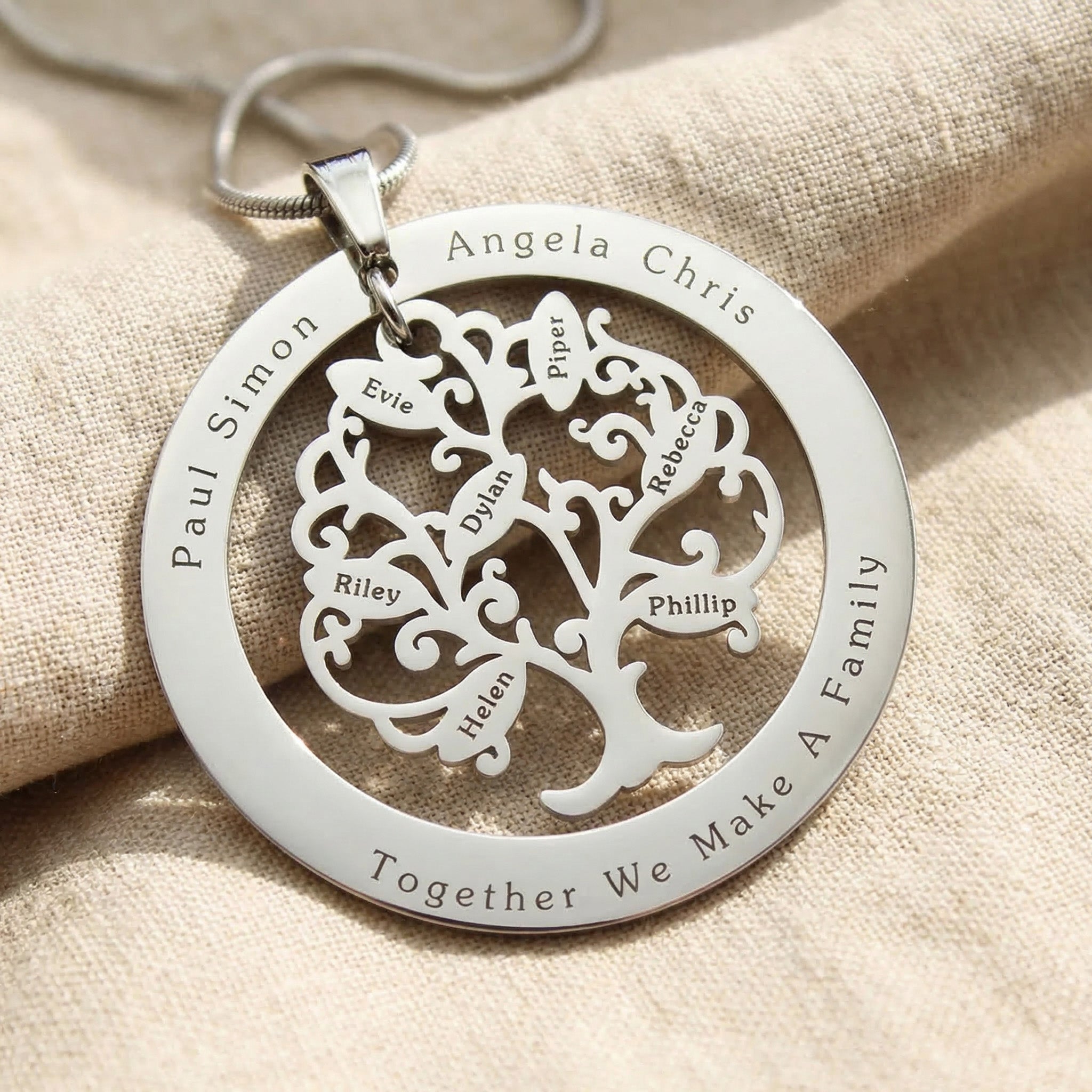 Tree of life necklace with outer washer ring and engraved detail, layered pendant style