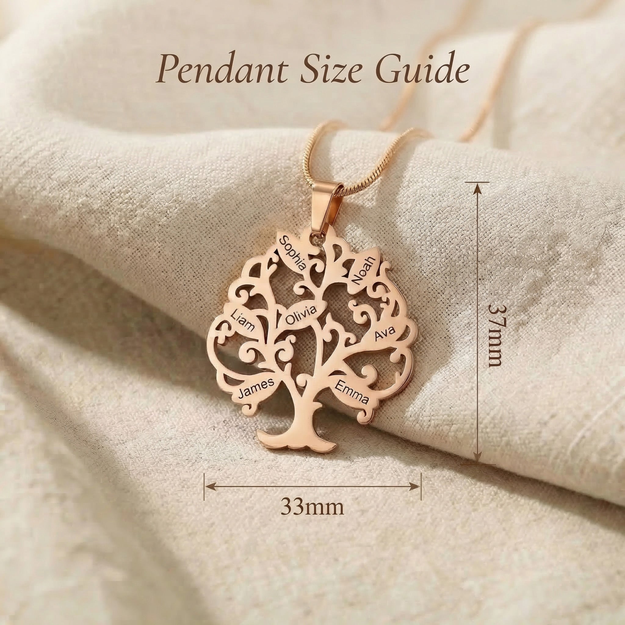 Tree of life necklace size guide showing pendant dimensions and proportions