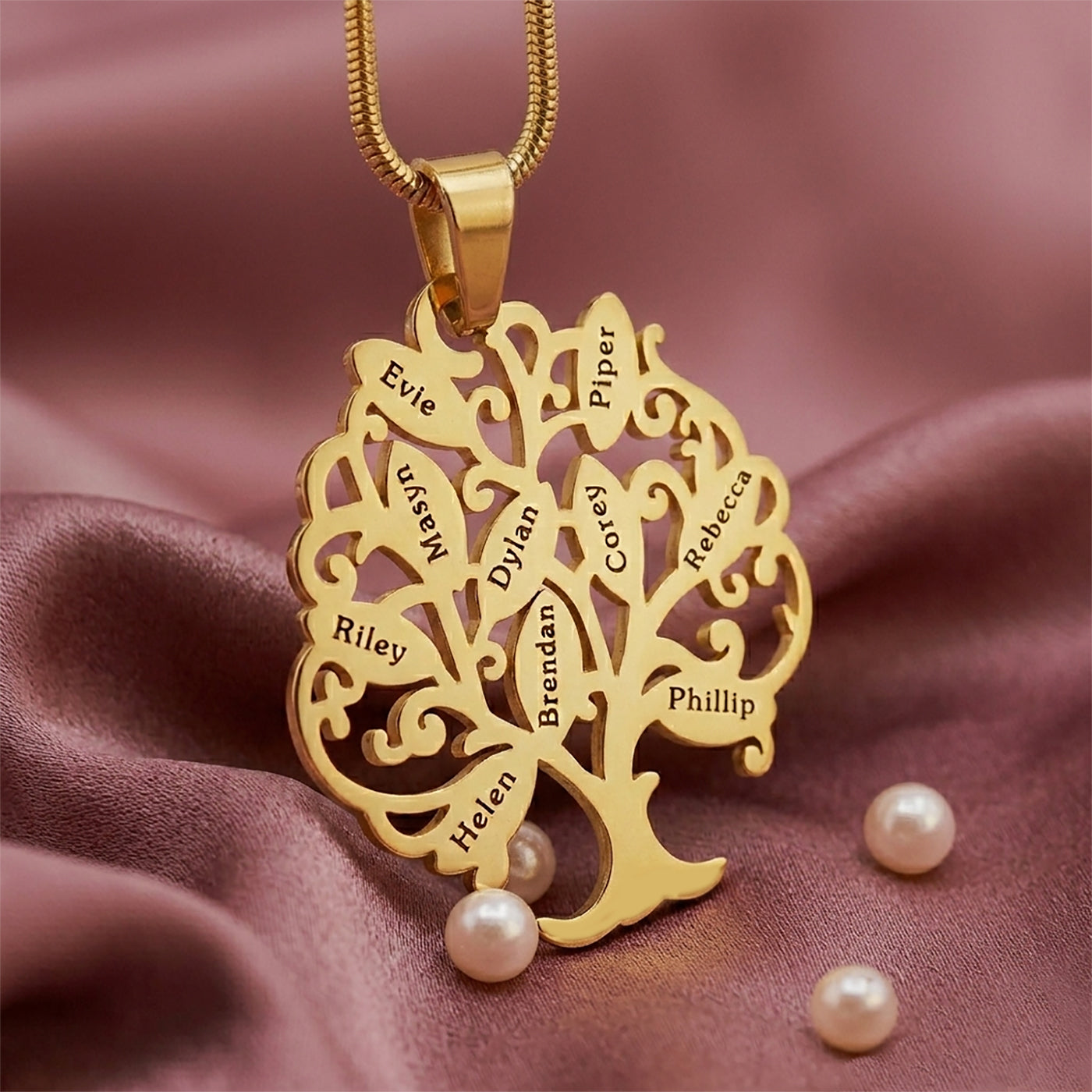 Belle Fever Tree of My Life gold, luxury personalized engraved name pendant, premium family tree jewelry