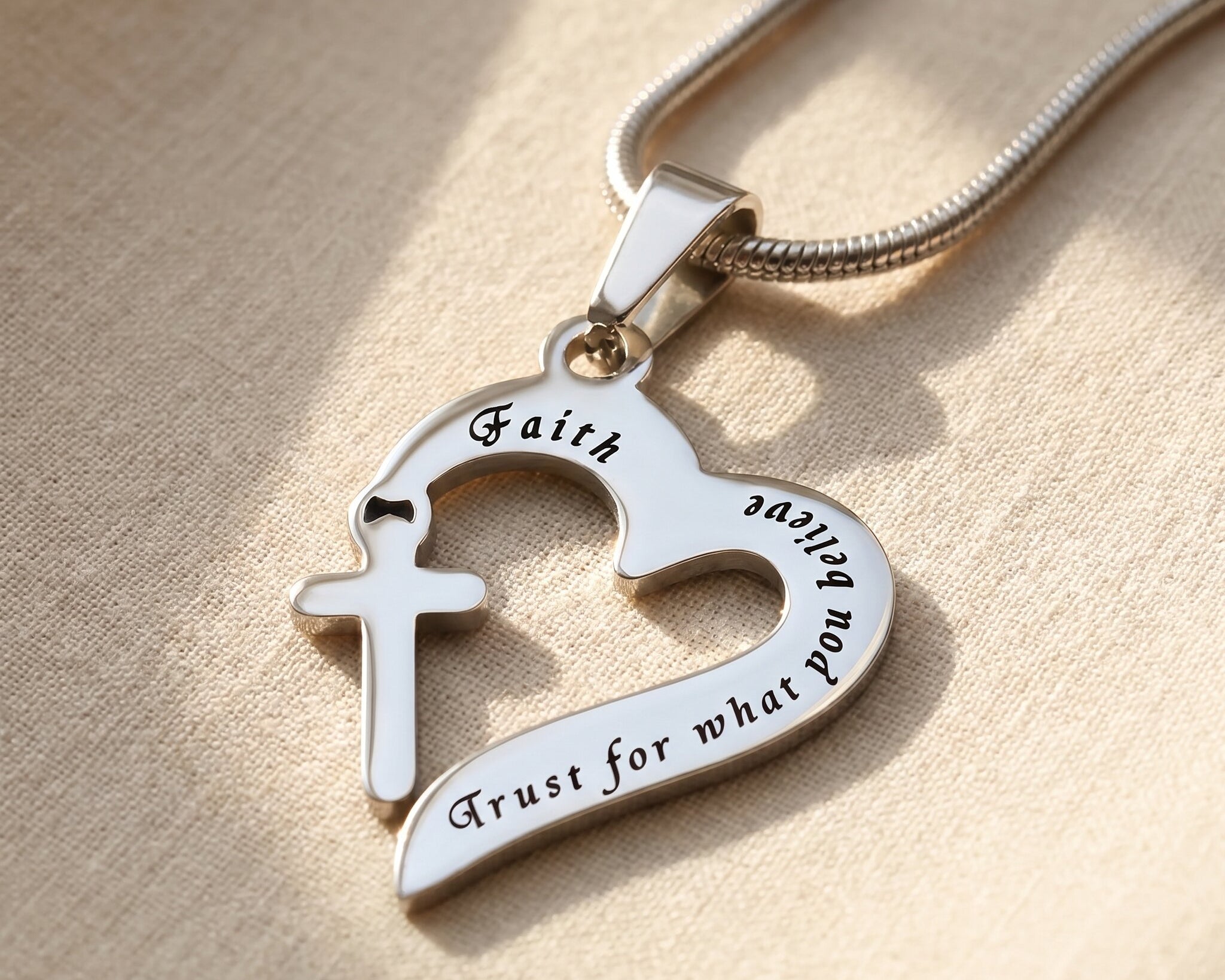 Trust in him necklace in silver with heart and cross pendant, meaningful faith jewellery gift for her
