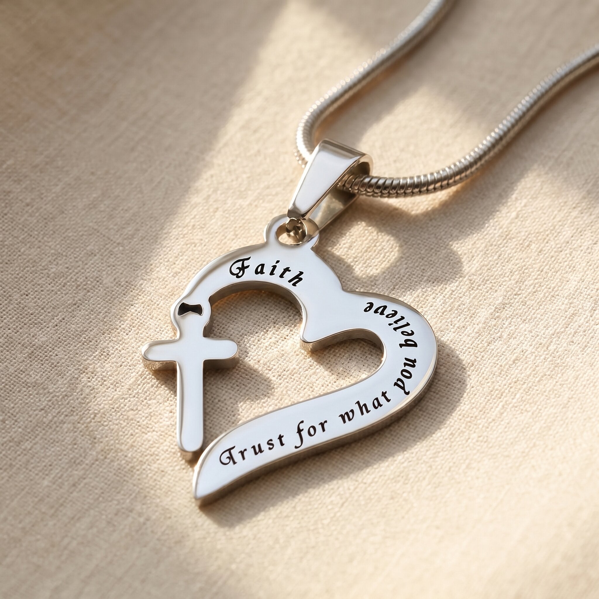 Trust in him necklace in silver with heart and cross pendant, meaningful faith jewellery gift for her