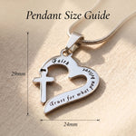 Trust in him necklace size guide showing heart and cross pendant dimensions with detailed design