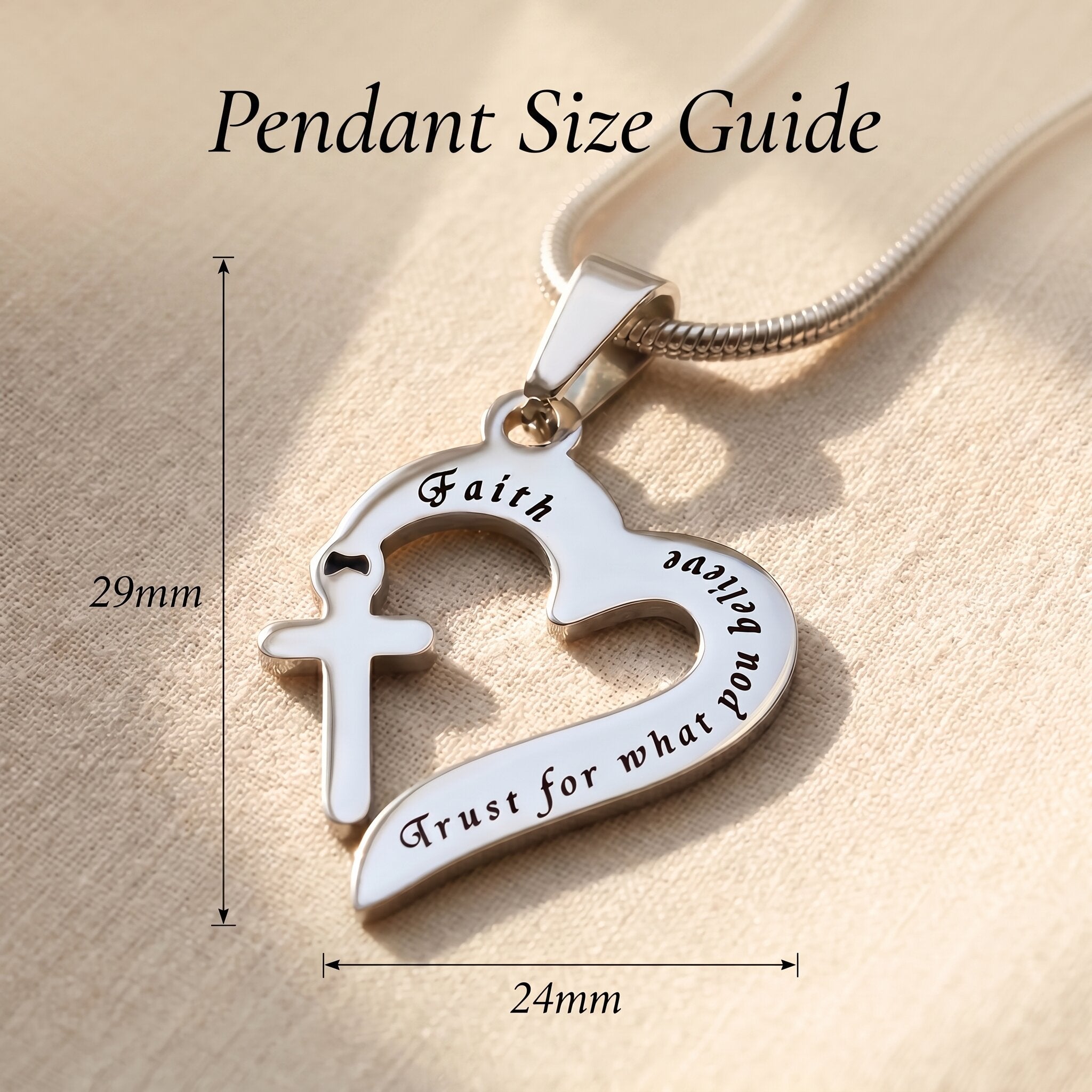 Trust in him necklace size guide showing heart and cross pendant dimensions with detailed design