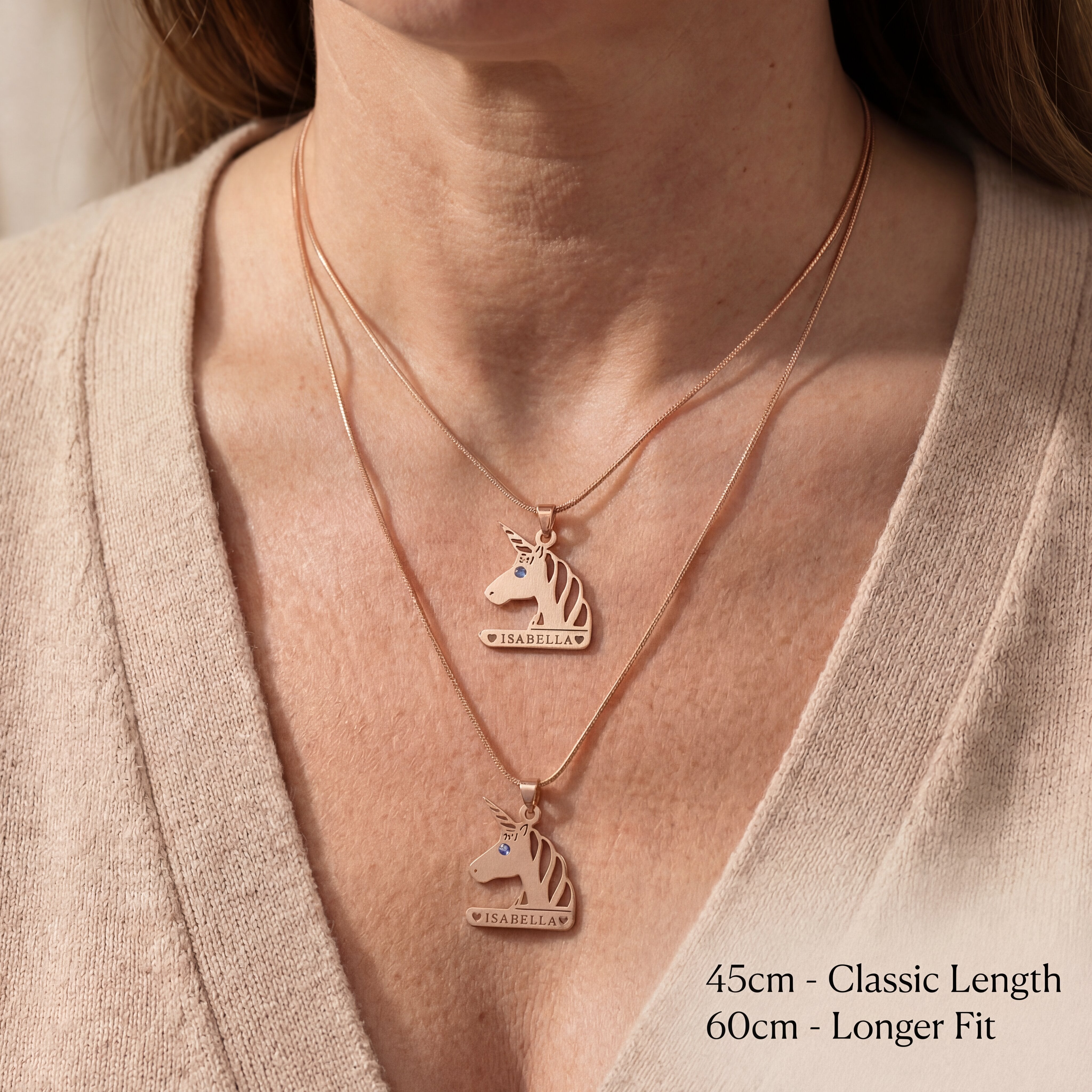 Unicorn head name necklace worn showing chain length with personalised name detail