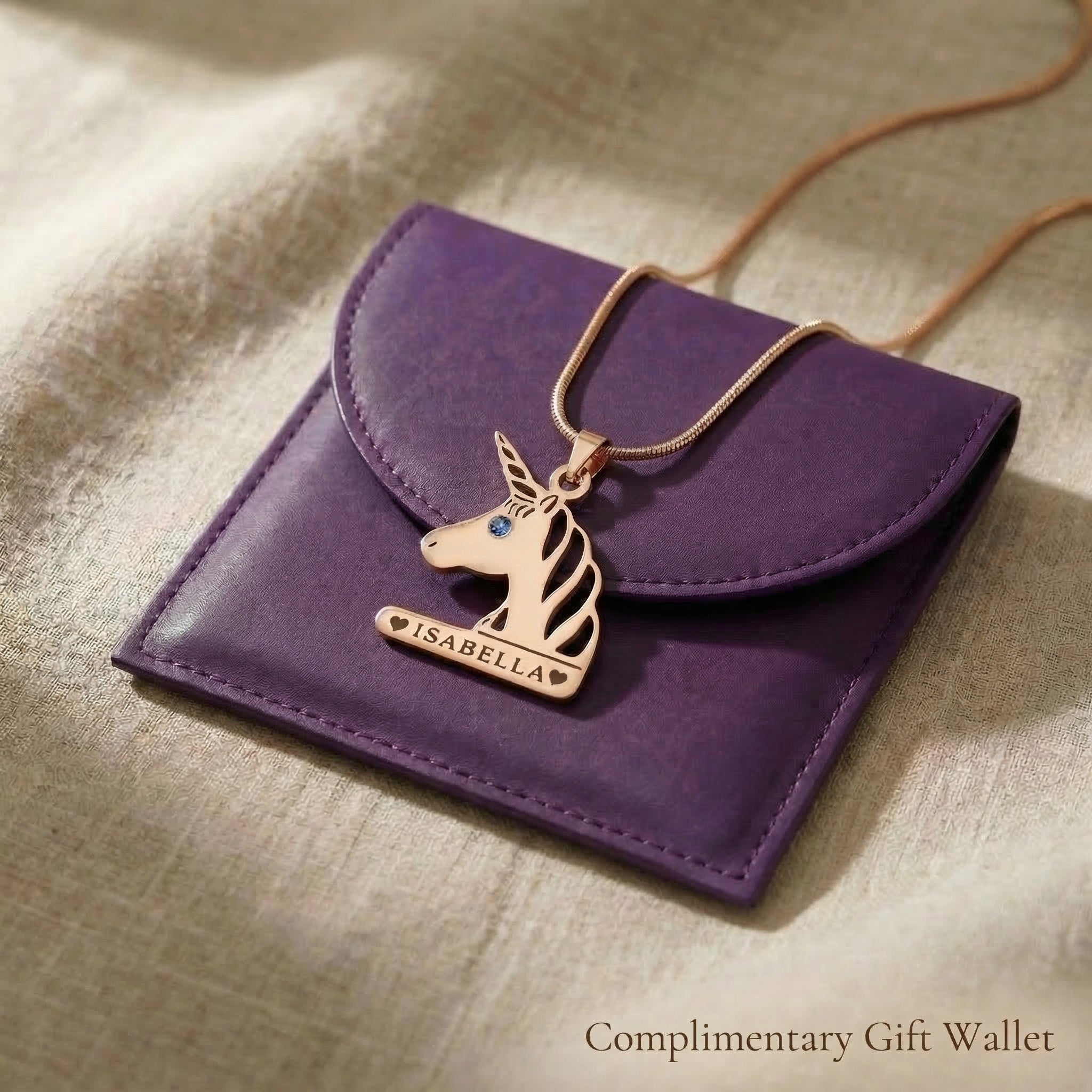 Unicorn head name necklace with gift wallet packaging, personalised kids jewellery gift