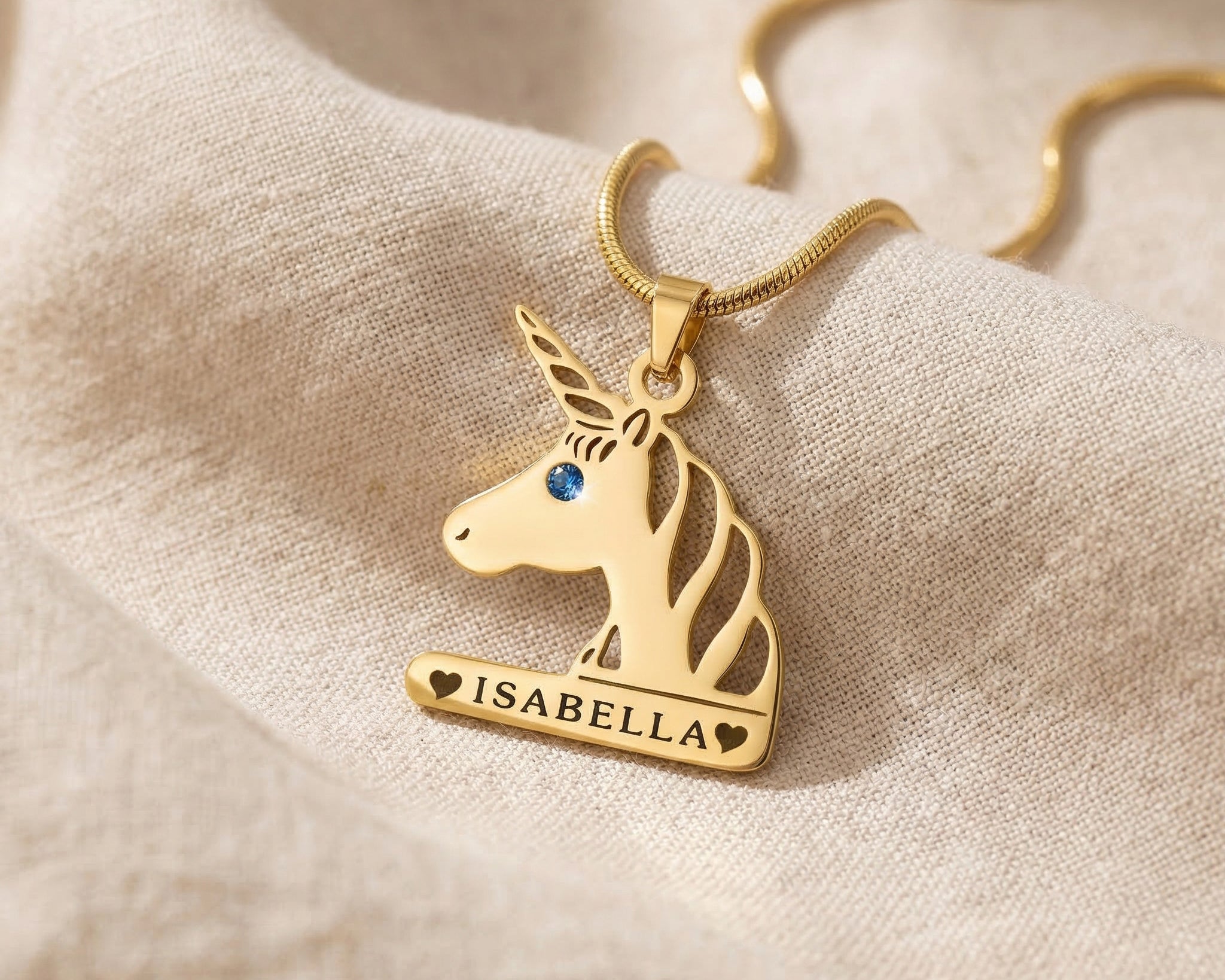 Unicorn head name necklace in gold with personalised name and birthstone detail