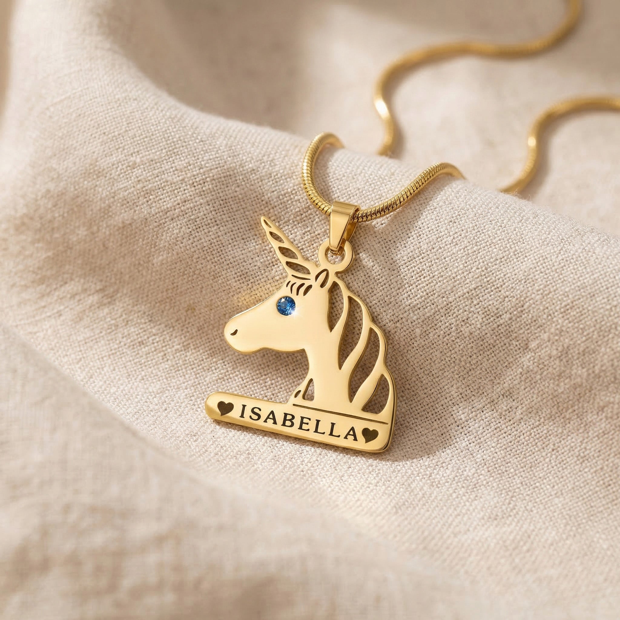 Unicorn head name necklace in gold with personalised name and birthstone detail