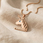 Unicorn head name necklace in rose gold with engraved name, charming kids jewellery