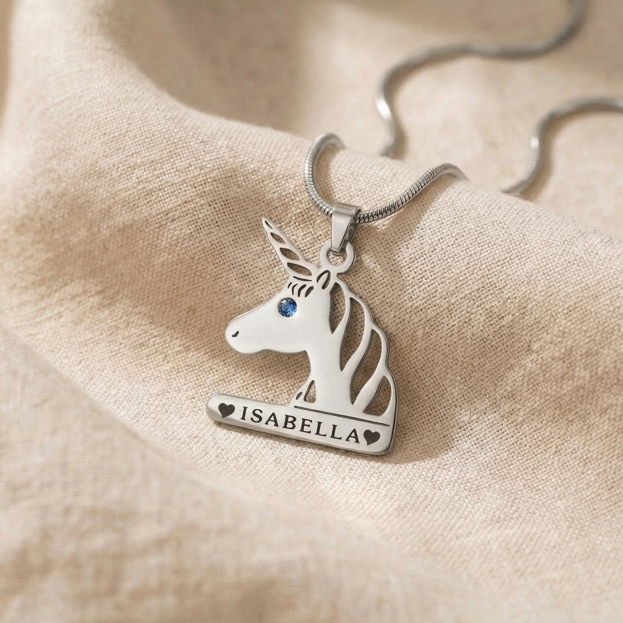 Unicorn head name necklace in silver with personalised name and birthstone accent