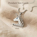 Unicorn head name necklace size guide showing pendant dimensions detail