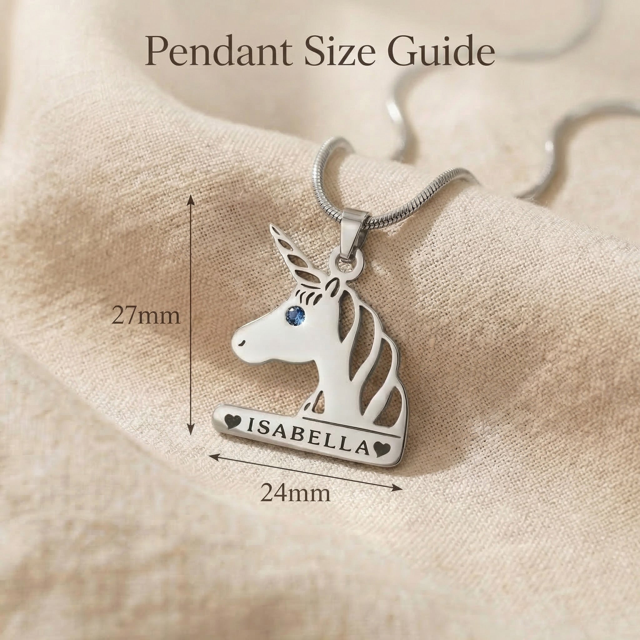Unicorn head name necklace size guide showing pendant dimensions detail