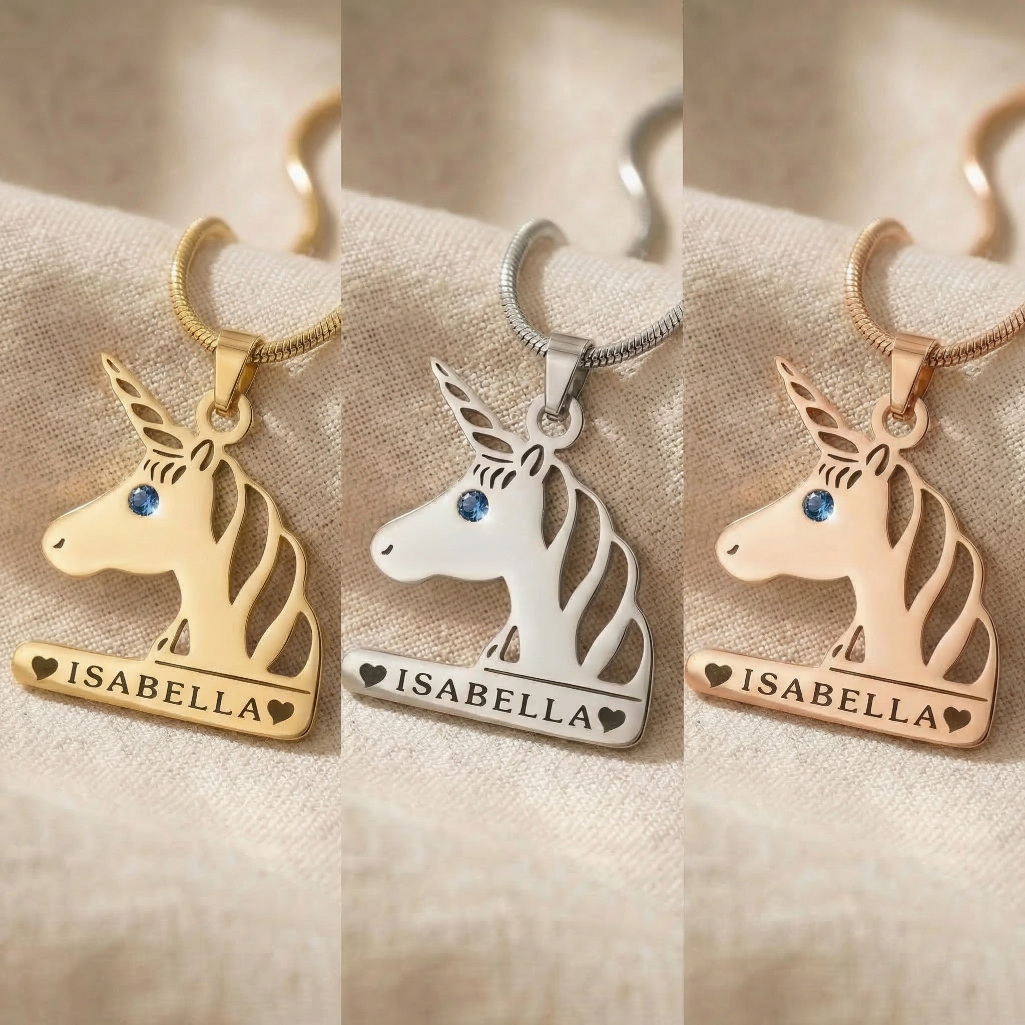 Unicorn head name necklace tone comparison showing gold, silver and rose gold finishes