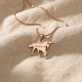 Unicorn name necklace in rose gold with engraved name, charming personalised design