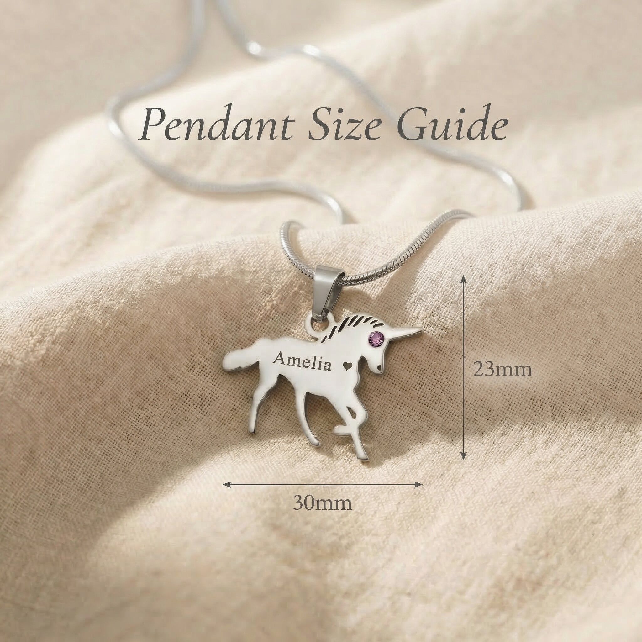 Unicorn name necklace size guide showing pendant dimensions and chain detail