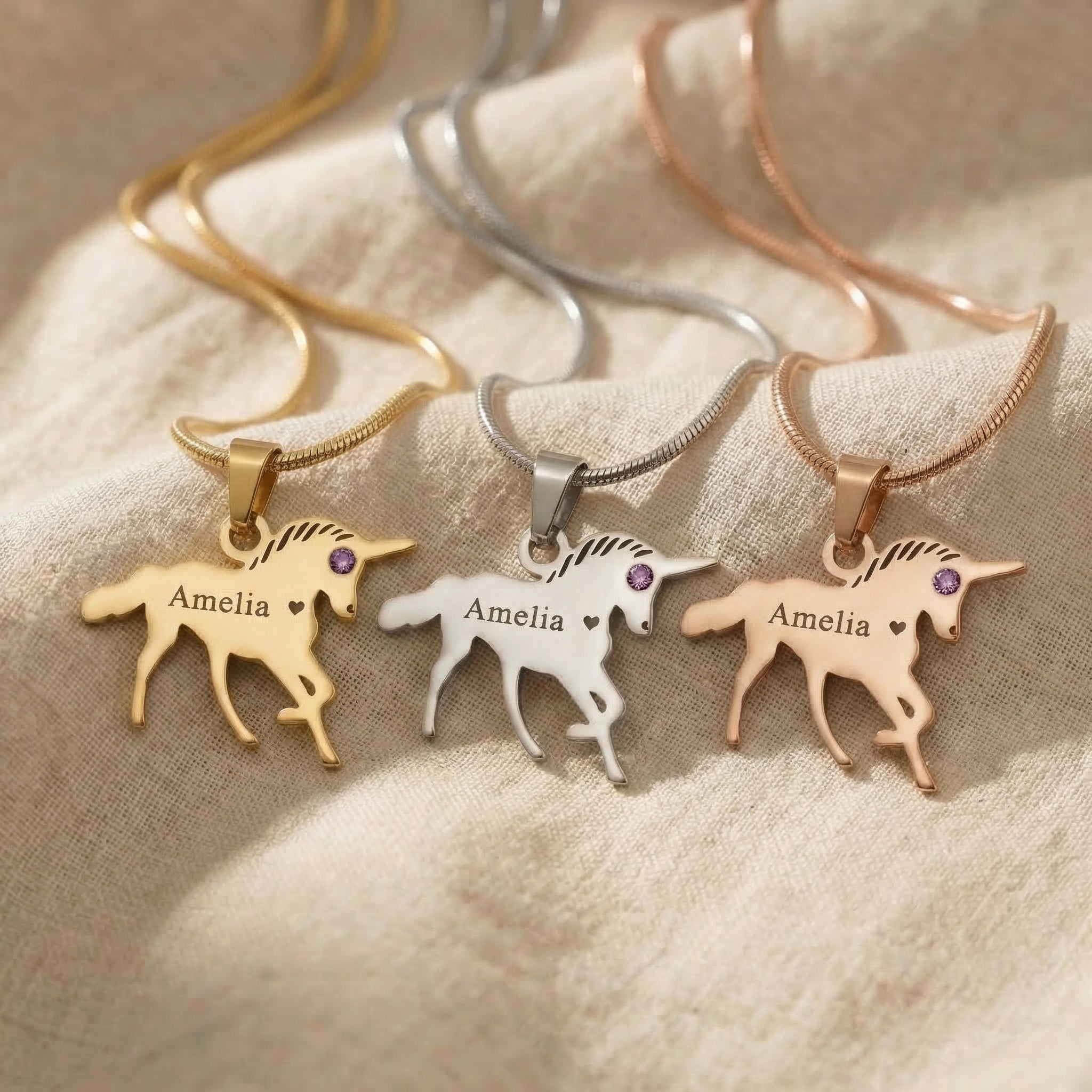 Unicorn name necklace tone comparison showing gold, silver and rose gold finishes