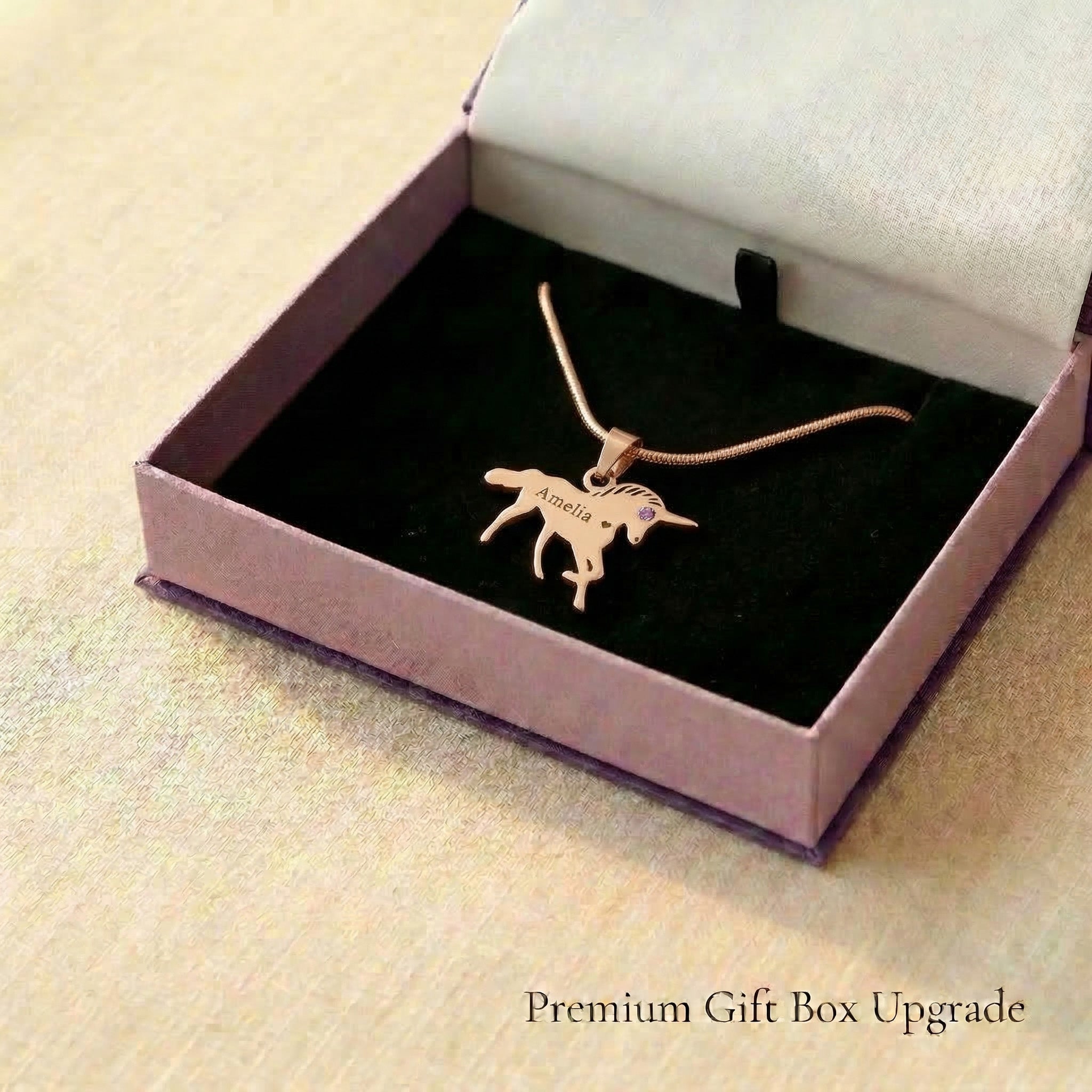 Unicorn name necklace in premium gift box, personalised jewellery gift for children