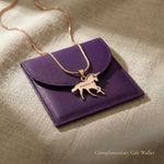 Unicorn name necklace displayed with gift wallet packaging, kids jewellery gift option