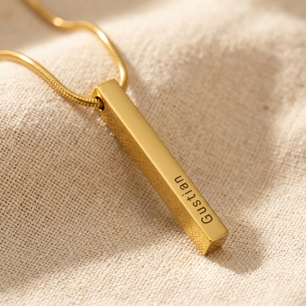 Gold vertical bar necklace with engraved bar pendant displayed on neutral background