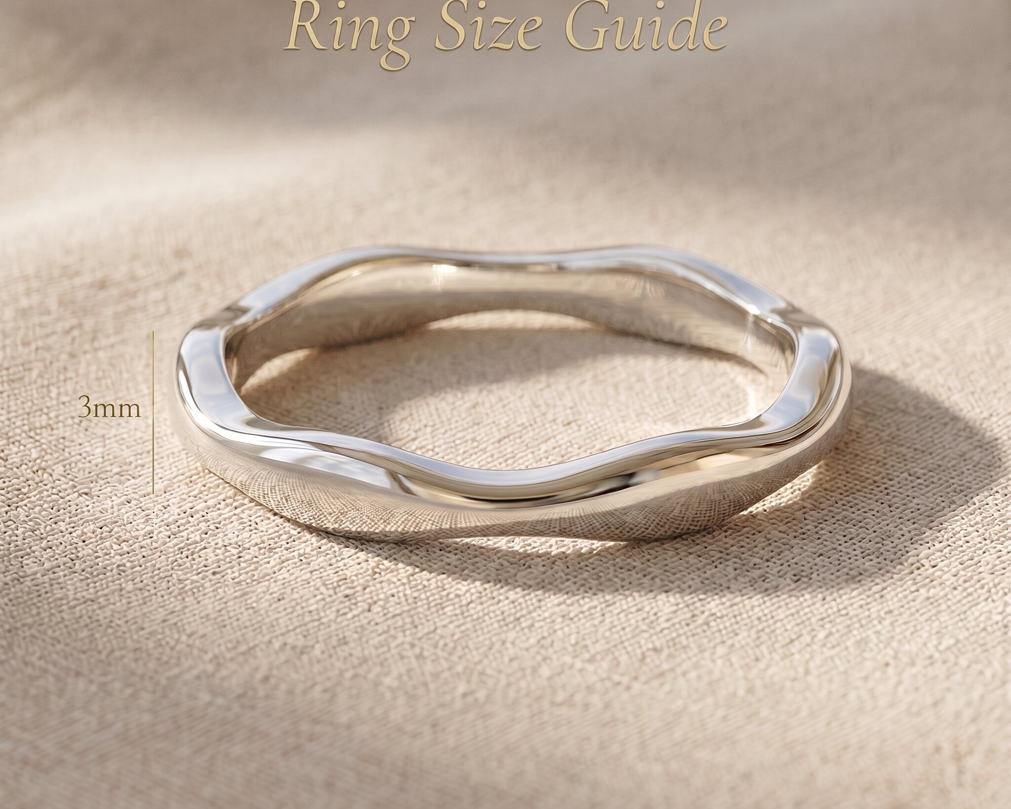 Wave band ring size guide showing curved band width and sculptural design proportions