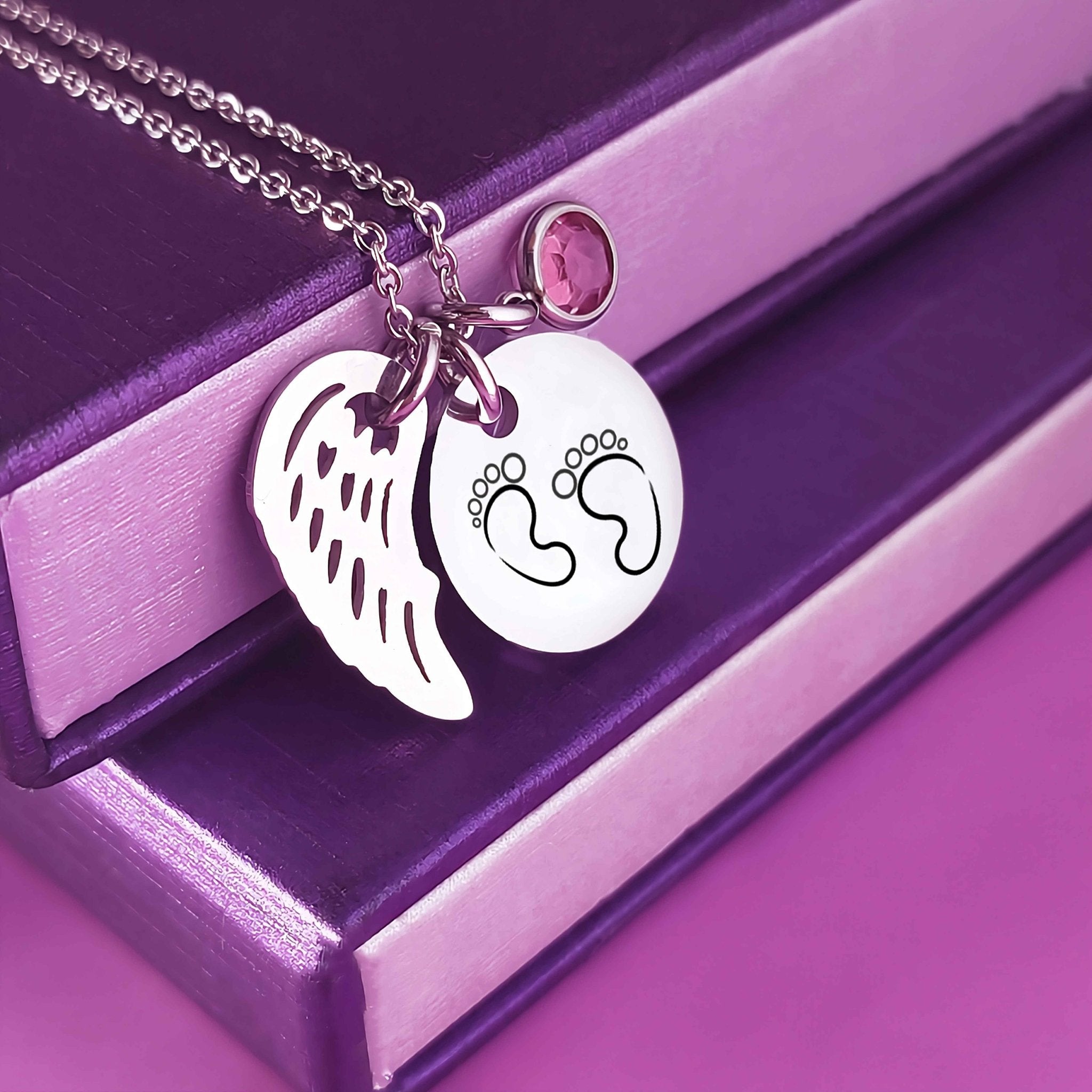 Memorial Angel Footprint Necklace with Birthstone Charm - ARTI by Belle Fever